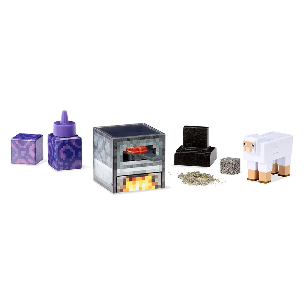 A miniature Minecraft Furnace set with a cooking tray, a purple resin bottle, coal pieces, and a blocky white Sheep figure.