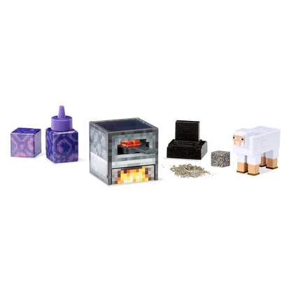 A miniature Minecraft Furnace set with a cooking tray, a purple resin bottle, coal pieces, and a blocky white Sheep figure.