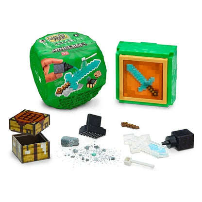 A promotional image showing the Miniverse Minecraft Diamond Sword set with a square resin bottle, a sword mold, and kinetic sand "ore" to crush.