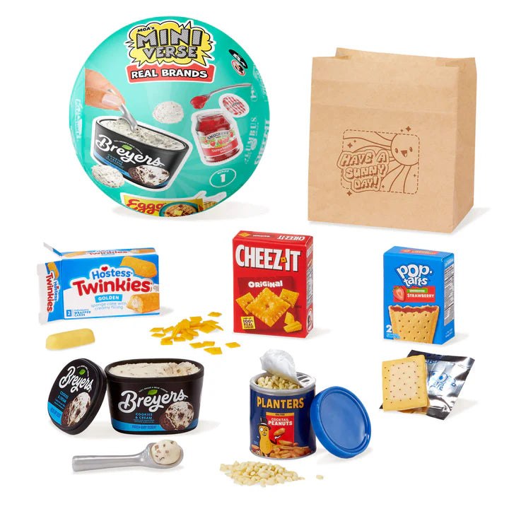 A promotional set of Miniverse Real Brands collectibles showing a Breyers Cookies & Cream tub, Planters Peanuts, Cheez-It box, Pop-Tarts, and Hostess Twinkies alongside the teal surprise ball.