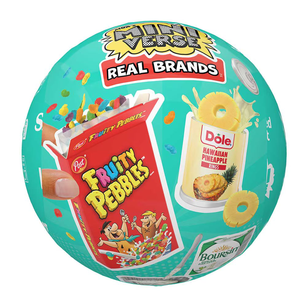 MGA's Miniverse Make It Mini Real Brands Series 2 teal mystery ball with Fruity Pebbles and Dole Pineapple graphics.