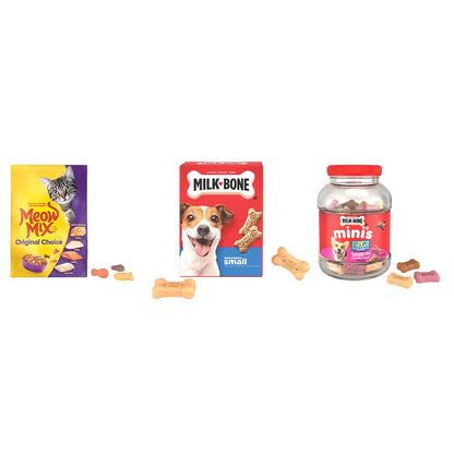 A pet treat bundle featuring a box of Meow Mix cat treats, a box of Milk-Bone dog treats, a jar of Pick One dog treats, and several loose bone-shaped treats on a plain white background.