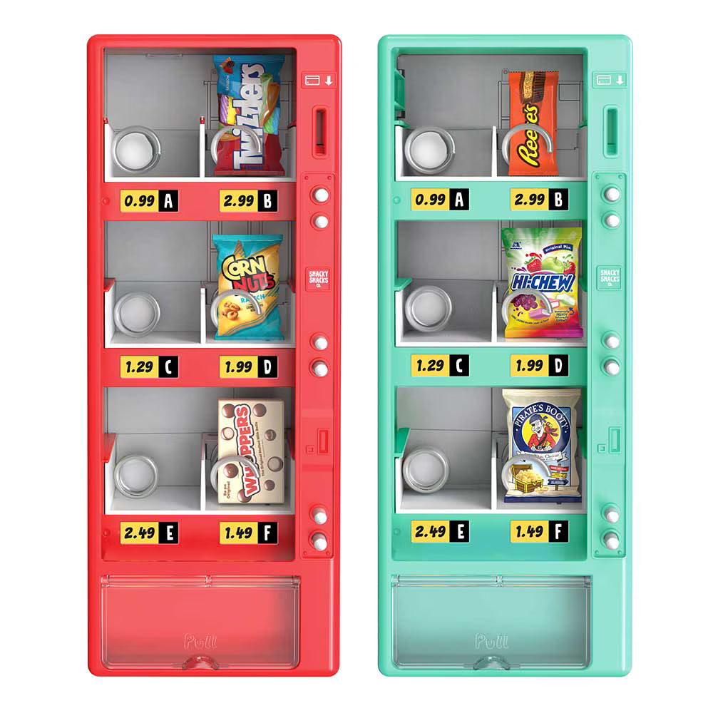 Two slim vending machine snack dispensers shown side by side on a white background. The left unit is red and the right unit is mint green, both with multiple compartments containing assorted branded snack bags.