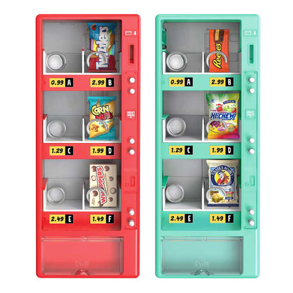 Two slim vending machine snack dispensers shown side by side on a white background. The left unit is red and the right unit is mint green, both with multiple compartments containing assorted branded snack bags.