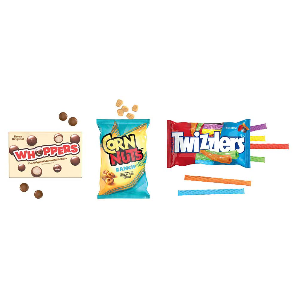 Three candy/snack products arranged on a plain white background: a box of Whoppers chocolate cookies, a bag of Corn Nuts Ranch peanuts, and a Twizzlers candy stick bag with several colorful sticks extending from it.
