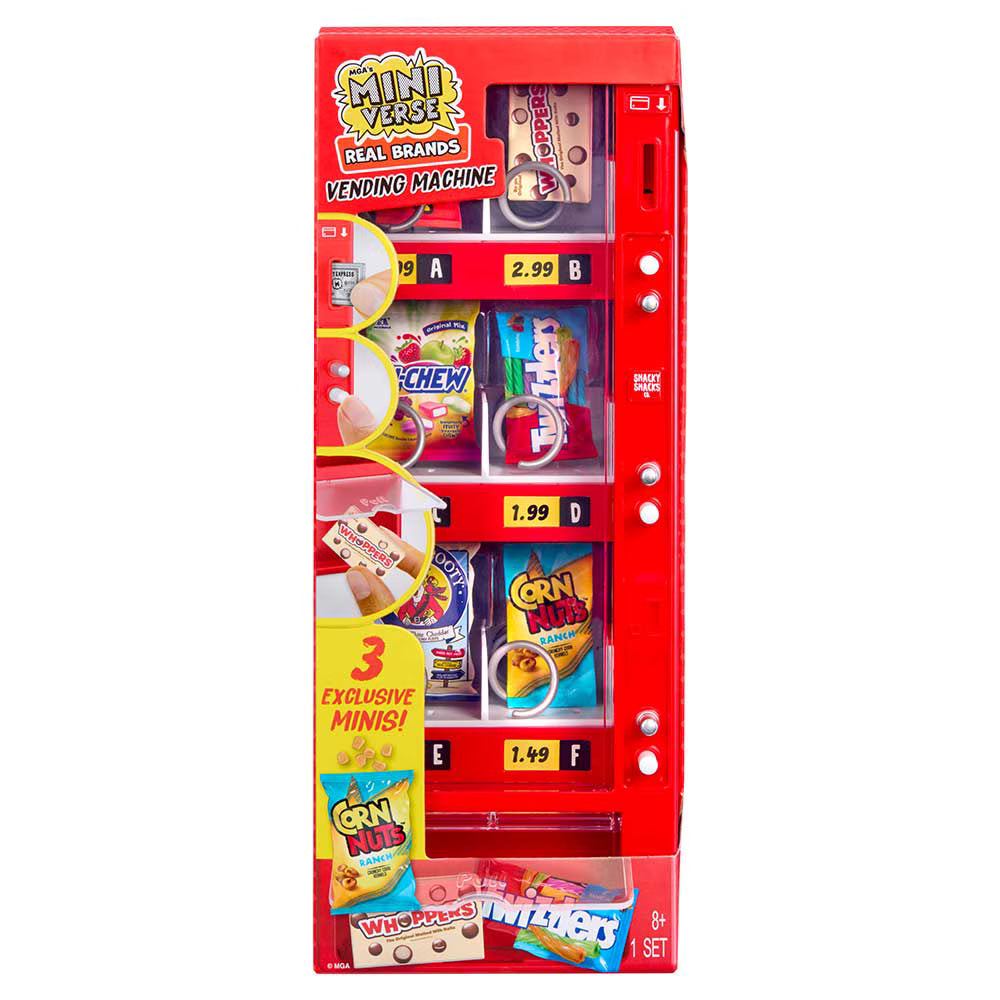 MGA's Miniverse Make It Mini Real Brands red vending machine playset with 3 exclusive minis including Whoppers and Twizzlers.