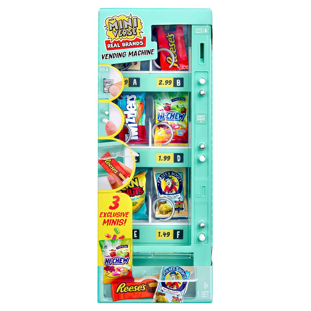 MGA's Miniverse Make It Mini Real Brands teal vending machine playset with 3 exclusive minis including Reese's and HI-CHEW.