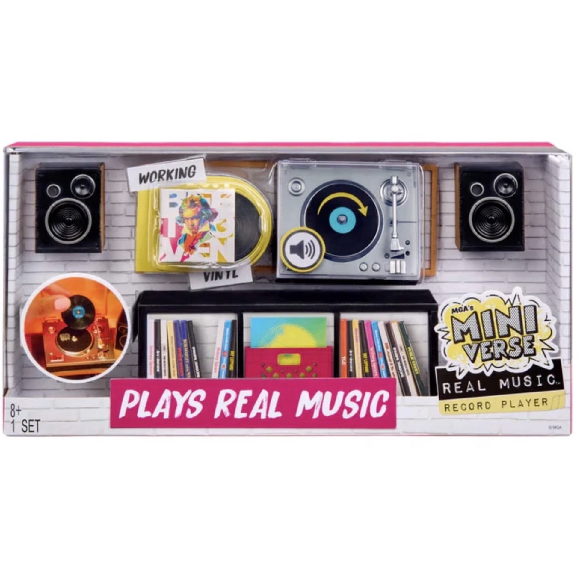 Mini Verse Real Music Record Player 1-set toy accessory kit in its original retail packaging, featuring a vinyl record player, speakers, CD rack, and vinyl records.