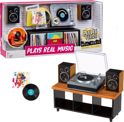MGA's Miniverse Make It Mini Real Music working record player with mini speakers, console stand, and Beethoven vinyl record.