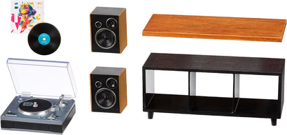 A multi-piece retro audio system set including a turntable with a clear lid, two wood-and-black speakers, a wooden shelf, and a black three-compartment media console, shown on a white background.