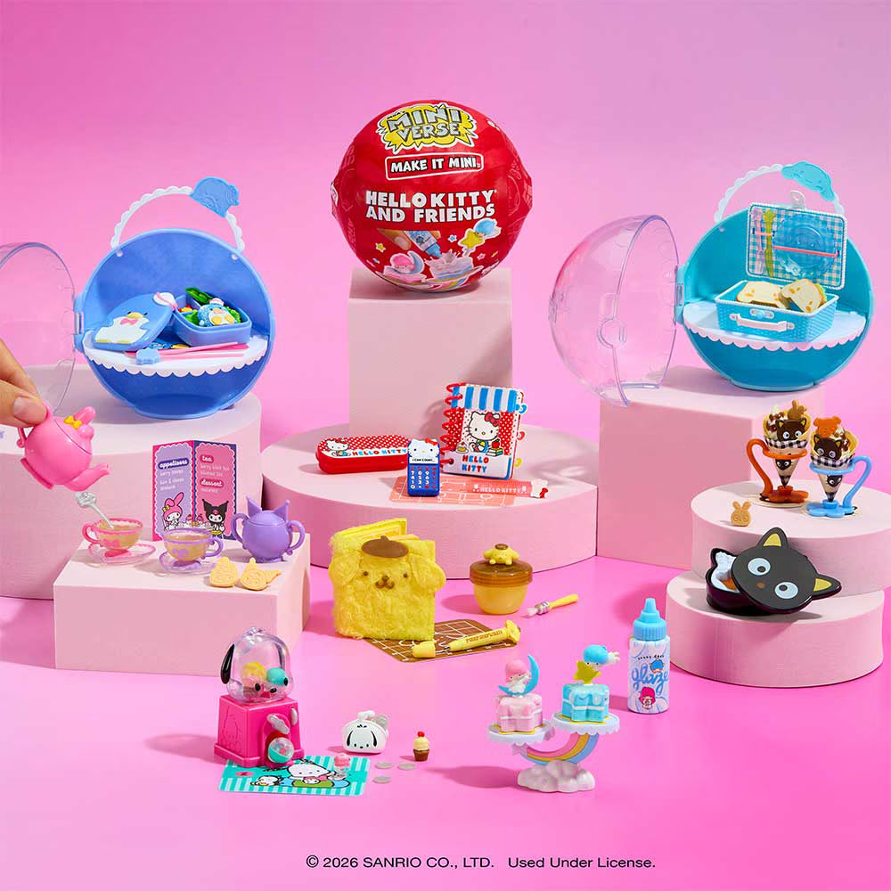 A collection of Sanrio Hello Kitty and Friends surprise toy capsules and miniature accessories displayed on pink pedestals against a solid pink background. Visible items include a red capsule labeled 'Hello Kitty and Friends Make It Wild', blue and teal capsules with miniature furniture and accessories, and several small figurines and playsets.