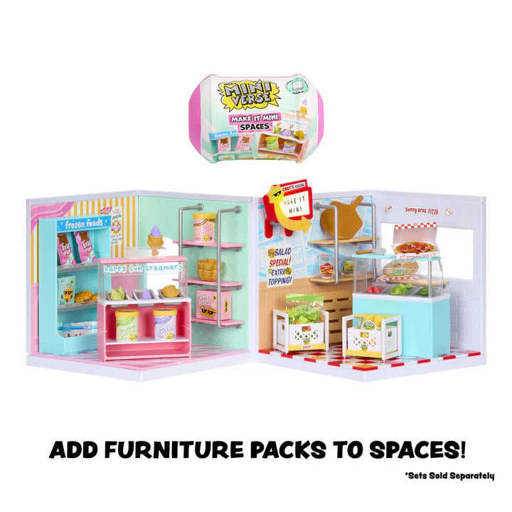 A wide shot showing how to expand MGA's Miniverse Make It Mini Spaces. The Ice Cream Shop and Pizza Shop are displayed side-by-side, filled with extra items from the Furniture Packs, including a frozen food fridge and a salad bar station.