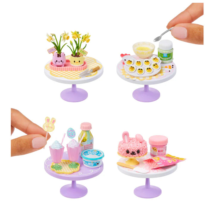 A four-panel collage showing the DIY assembly process for the entire Spring collection: planting the Daffodils, piping filling into the Deviled Eggs, garnishing the Easter Milkshakes, and frosting the Bunny Cake.