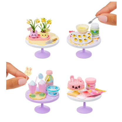 A four-panel collage showing the DIY assembly process for the entire Spring collection: planting the Daffodils, piping filling into the Deviled Eggs, garnishing the Easter Milkshakes, and frosting the Bunny Cake.