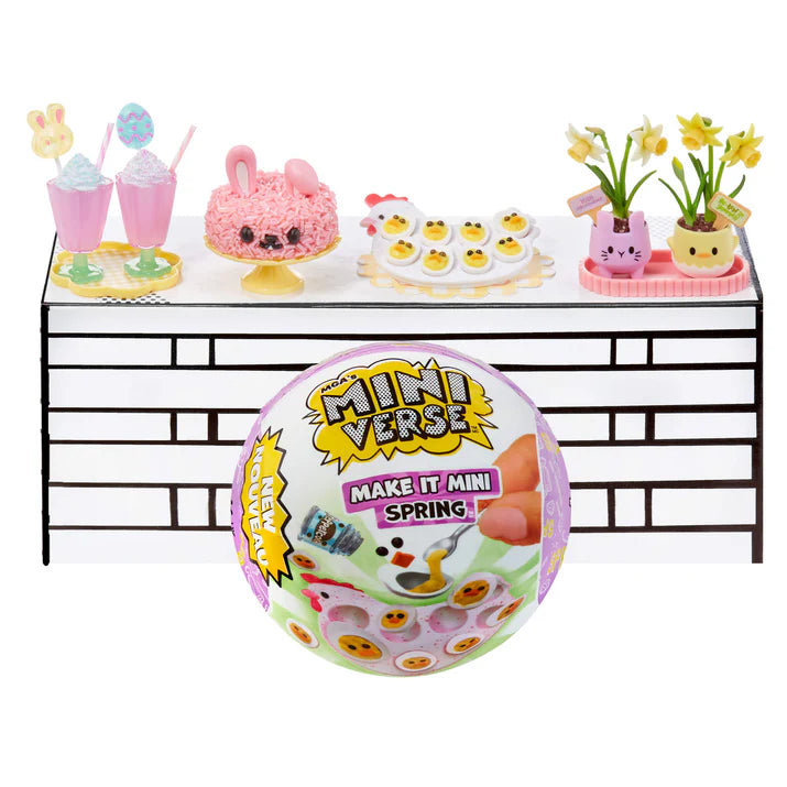 The complete Miniverse Spring Series 2 collection displayed on a shelf, featuring Pink Easter Milkshakes, a fluffy Bunny Cake, Chick Deviled Eggs, and the Ultra Rare Potted Daffodils.