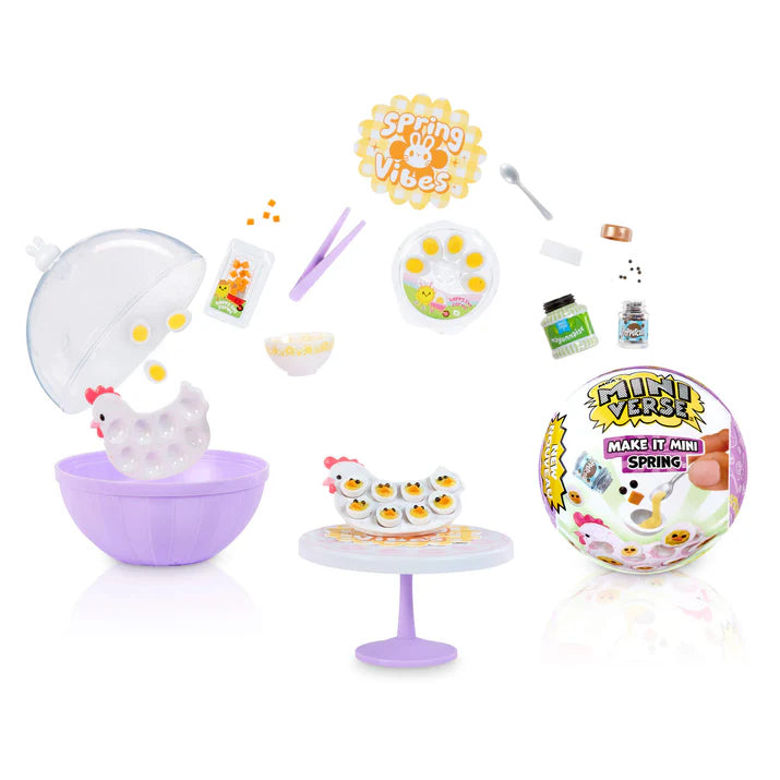 A promotional image showing the Miniverse Spring Series 2 surprise ball bursting open to reveal ingredients for Chick-themed Deviled Eggs, including a hen-shaped platter, mayonnaise jar, and tiny peppercorns.