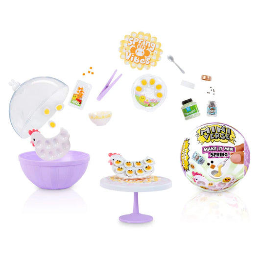 A promotional image showing the Miniverse Spring Series 2 surprise ball bursting open to reveal ingredients for Chick-themed Deviled Eggs, including a hen-shaped platter, mayonnaise jar, and tiny peppercorns.