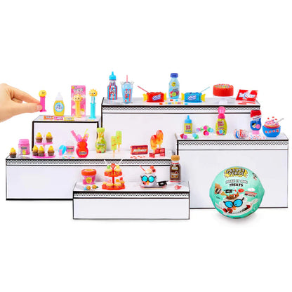 A wide group shot of the Miniverse Make It Mini Treats collection displayed on tiered shelves, featuring brands like Jolly Rancher, Peeps, Bazooka, and Twizzlers replicas.