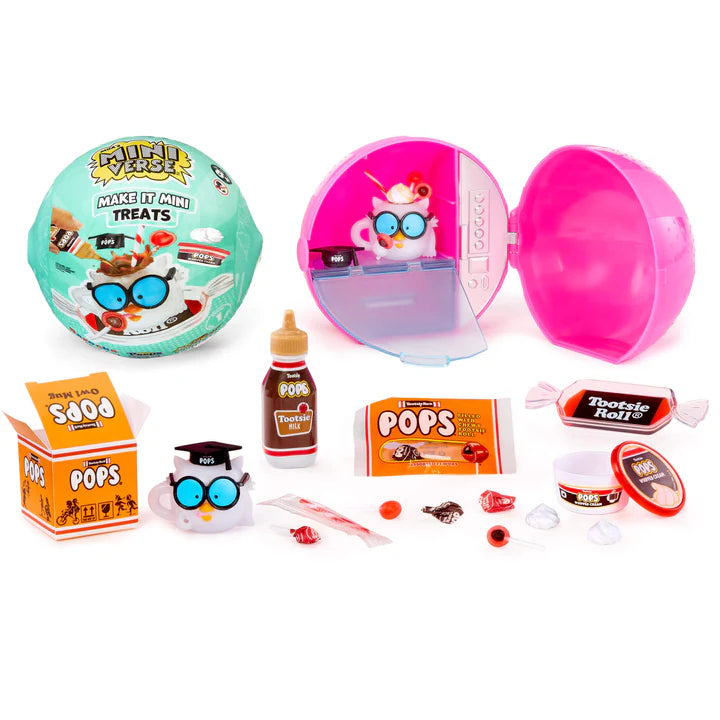 A promotional image of the Miniverse Make It Mini Treats ball alongside an opened example of the Tootsie Roll Owl Pop set, showing the resin bottle, ingredients, and vending machine display.