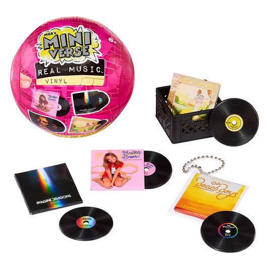 A hot pink mystery blind pack ball for MGA's Miniverse Real Music Vinyl surrounded by mini playable vinyl records, sleeves, and crates.