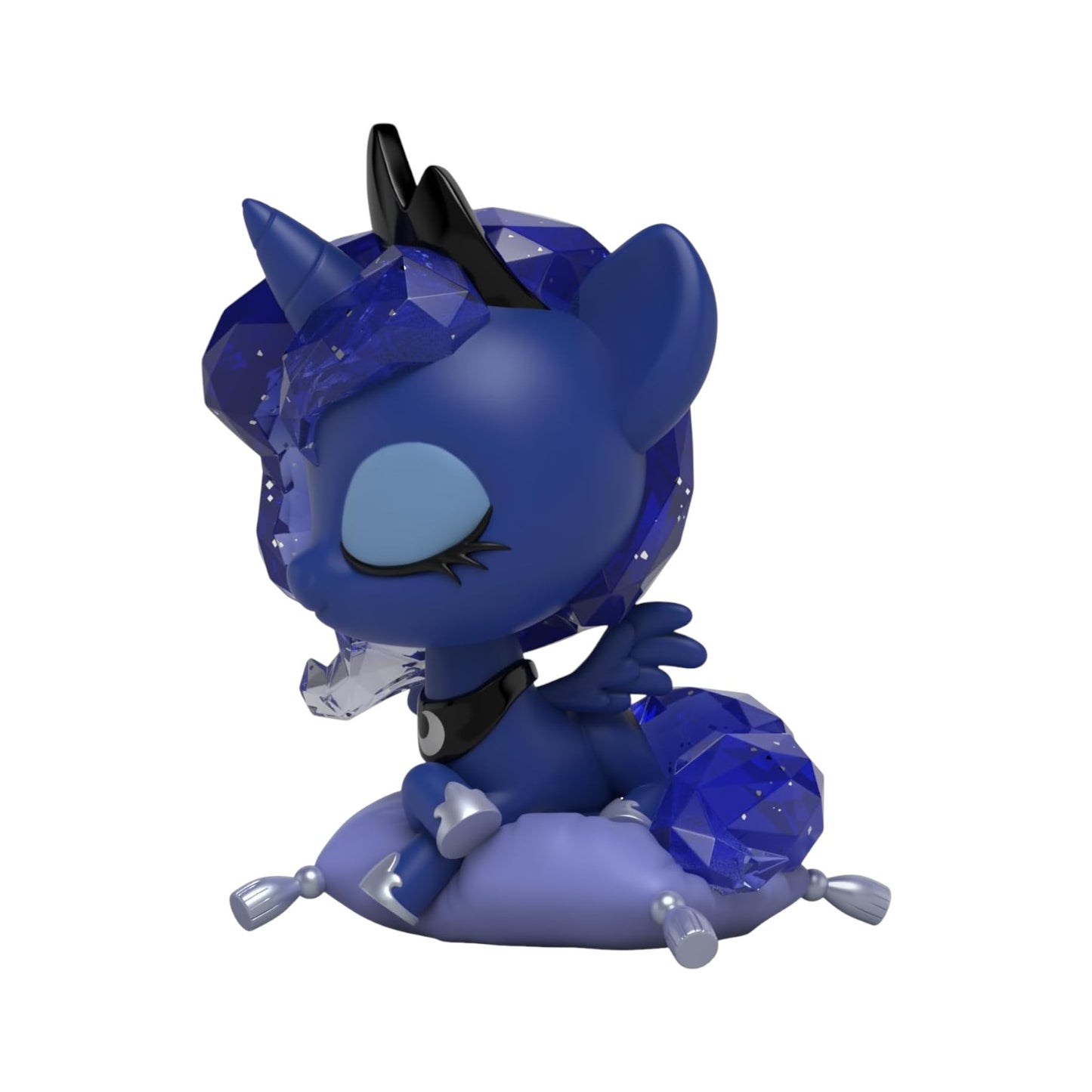 Blue unicorn figurine with black horn and crystal-like accents on a white background