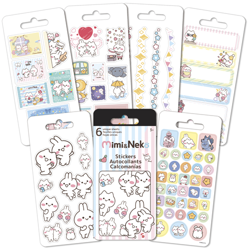 Six sheets of officially licensed Mimi and Neko stickers by Sandylion featuring cute kawaii-style bunny and cat characters.
