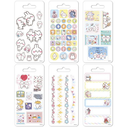 Set of six packages containing cartoon-themed stickers on a white background