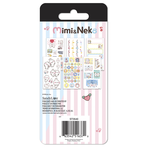 Packaged stickers with Mimi & Nek branding on a white background