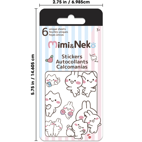 Packaging of Mimi & Neko stickers with dimensions and product details.