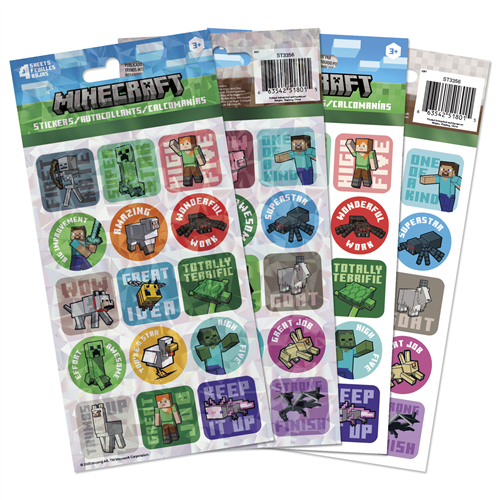 Four sheets of officially licensed Minecraft educational and reward stickers by Sandylion featuring motivational quotes.