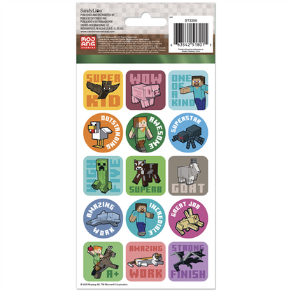 Packaged stickers with Minecraft-themed graphics on a white background