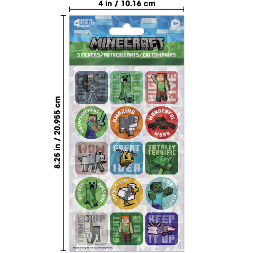 Minecraft stickers in a packaging with character illustrations and text.