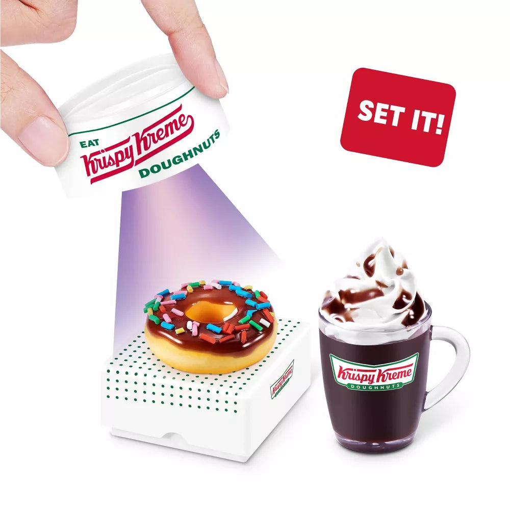 Krispy Kreme packaging with a donut and coffee cup, featuring the Krispy Kreme logo.
