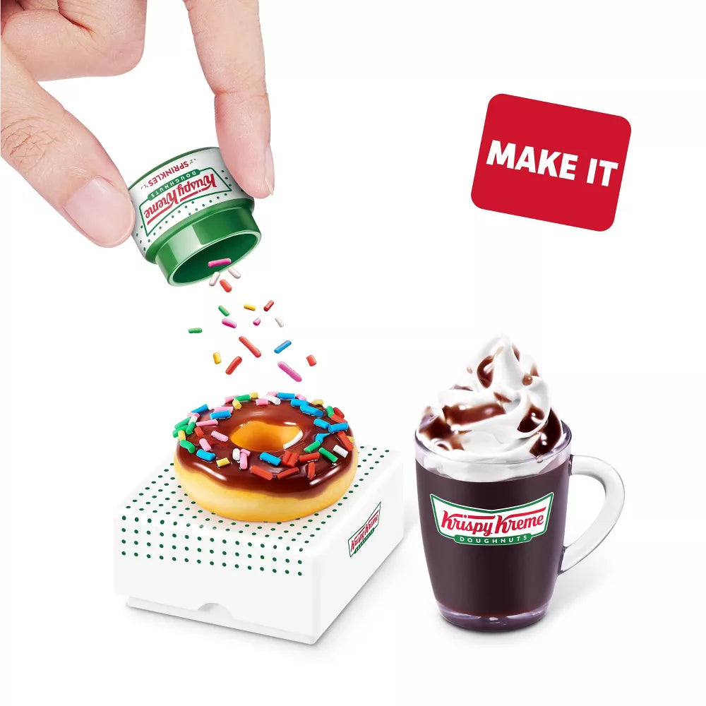 Krispy Kreme donut and coffee mug with sprinkles being added, branded packaging.