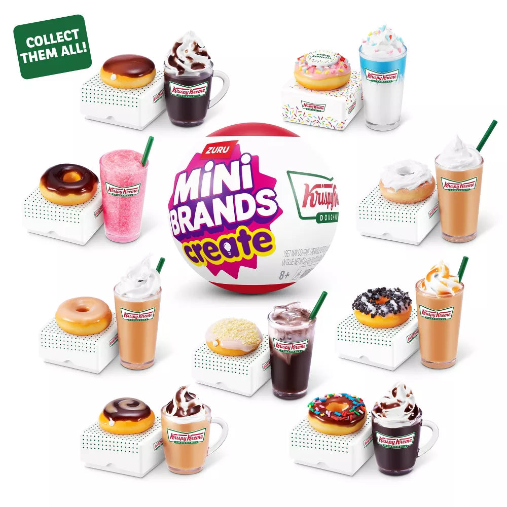 Mini Brands Create Krispy Kreme Series 1 surprise capsule by ZURU featuring miniature DIY doughnut and coffee ingredients.