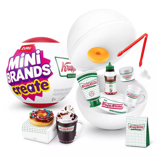 Mini Brands Create Krispy Kreme Series 1 surprise capsule by ZURU featuring miniature DIY doughnut and coffee ingredients.