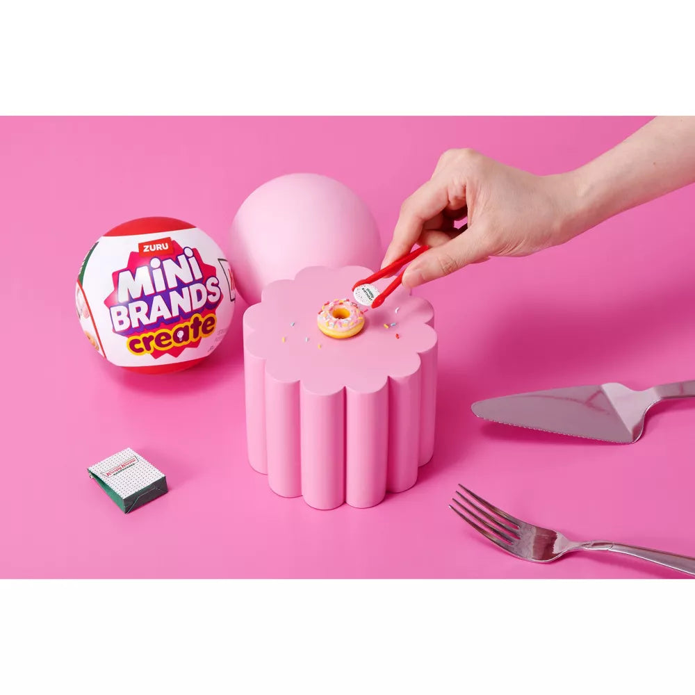 Mini Brands Create Krispy Kreme Series 1 surprise capsule by ZURU featuring miniature DIY doughnut and coffee ingredients.