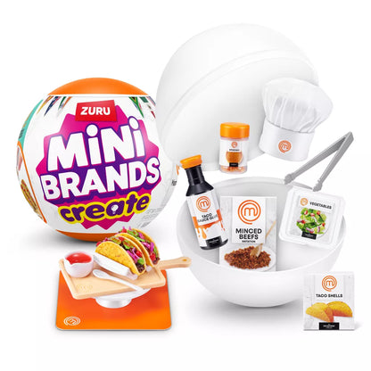 Mini Brands Create MasterChef Series 2 surprise capsule by ZURU featuring miniature DIY beef tacos and a UV LED toque.