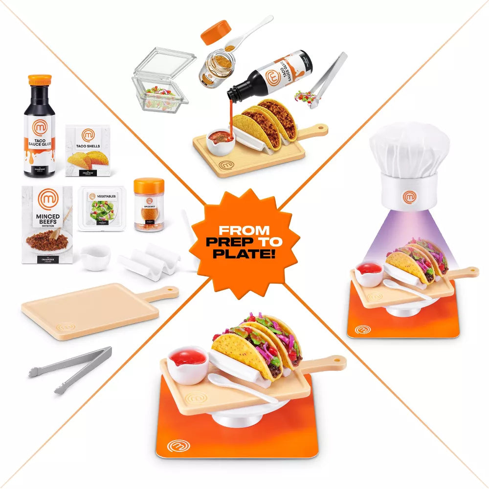 Collection of taco-making tools and ingredients with 'From Prep to Plate' text on a white background.