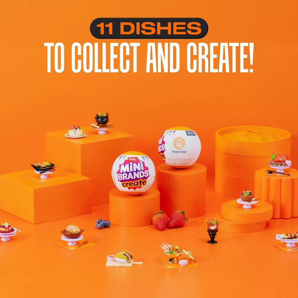 Orange display with miniature food items and 'Mini Brands' packaging on an orange background.