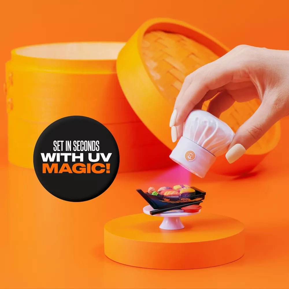 Hand holding a small UV light device over a smartphone on an orange background with text 'Set in seconds with UV magic'.