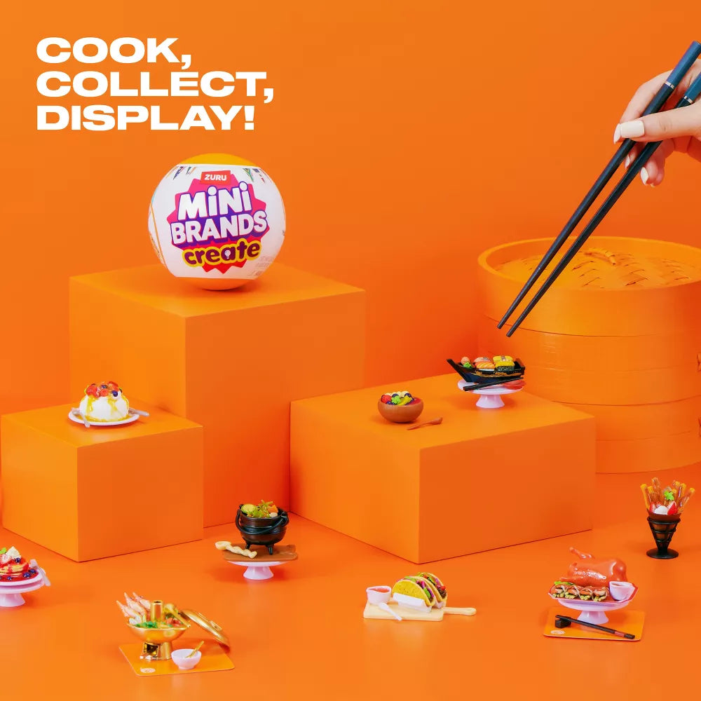 Miniature food items on orange platforms with 'Mini Brands' packaging and text 'Cook, Collect, Display!' on an orange background.