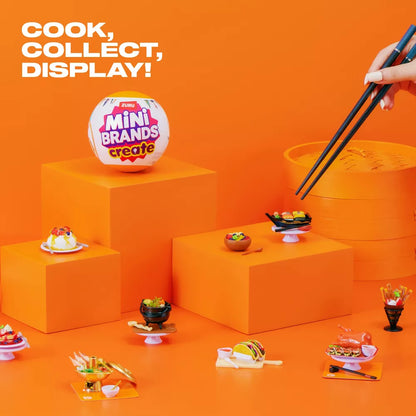 Miniature food items on orange platforms with 'Mini Brands' packaging and text 'Cook, Collect, Display!' on an orange background.