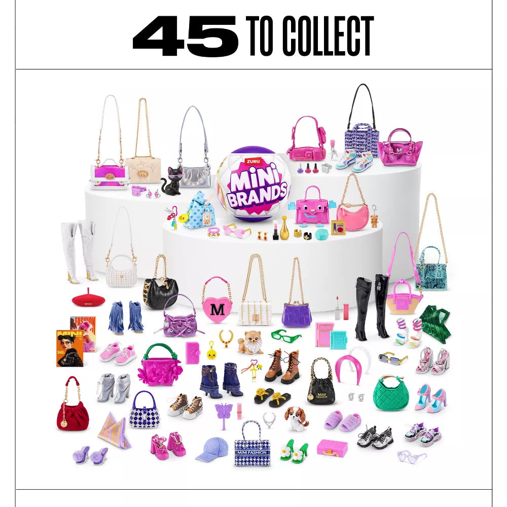 Collection of mini handbags, shoes, and accessories with 'Mini Brands' display on a white background.