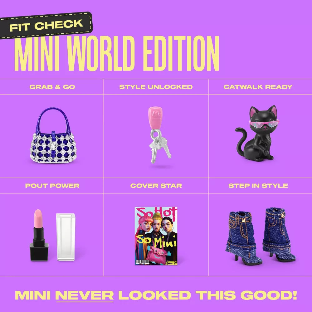 Miniature fashion items on a purple background with text 'Fit Check Mini World Edition'.