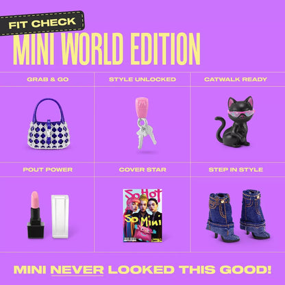 Miniature fashion items on a purple background with text 'Fit Check Mini World Edition'.