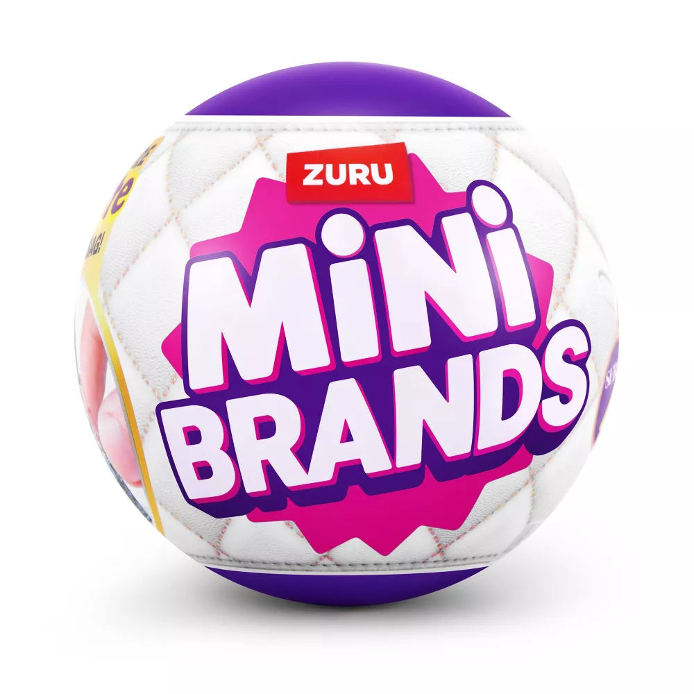White ball with purple top and bottom, featuring 'Zuru Mini Brands' text on a white background