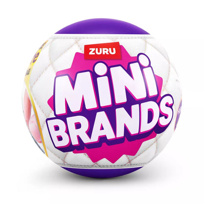 White ball with purple top and bottom, featuring 'Zuru Mini Brands' text on a white background