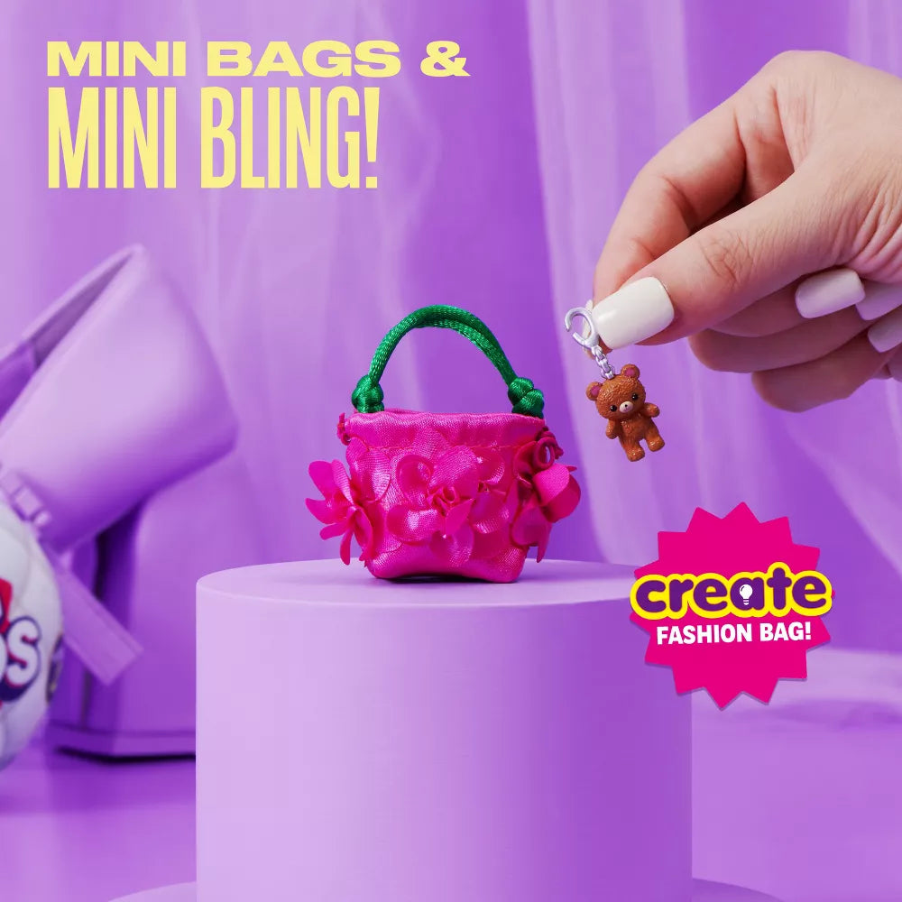 Miniature pink bag with green handle and teddy bear charm on a purple background with text 'Mini Bags & Mini Bling! Create Fashion Bag!'.