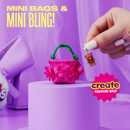 Miniature pink bag with green handle and teddy bear charm on a purple background with text 'Mini Bags & Mini Bling! Create Fashion Bag!'.